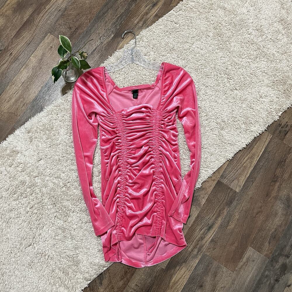 Wild Fable XS Pink Velvet Ruched Square Neck Bodycon Long Sleeve Mini Dress NWT